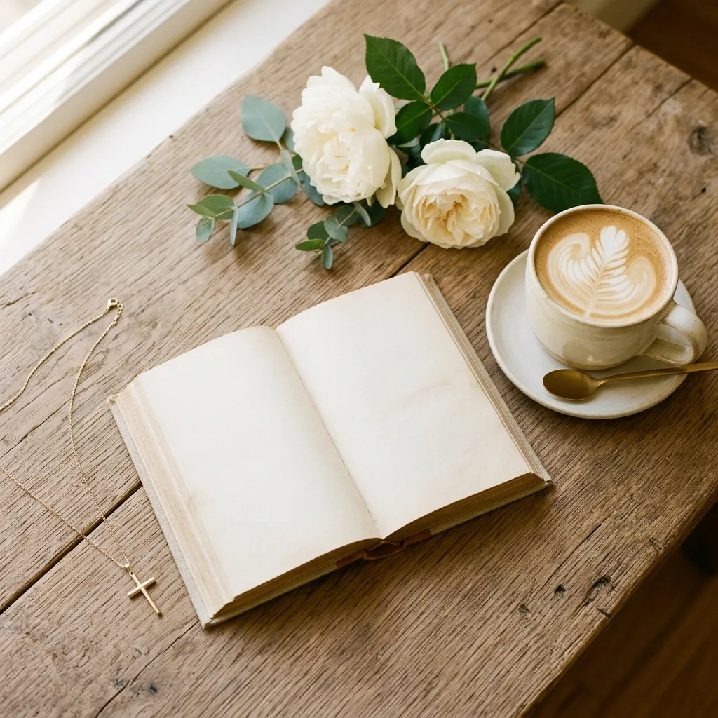 Biblia abierta y café en luz matutina dorada