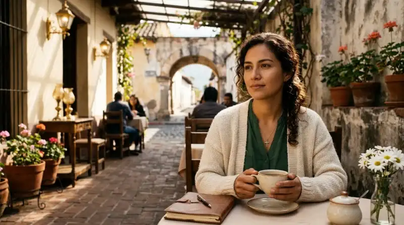 Mujer cristiana reflexionando con serenidad y discernimiento en una terraza