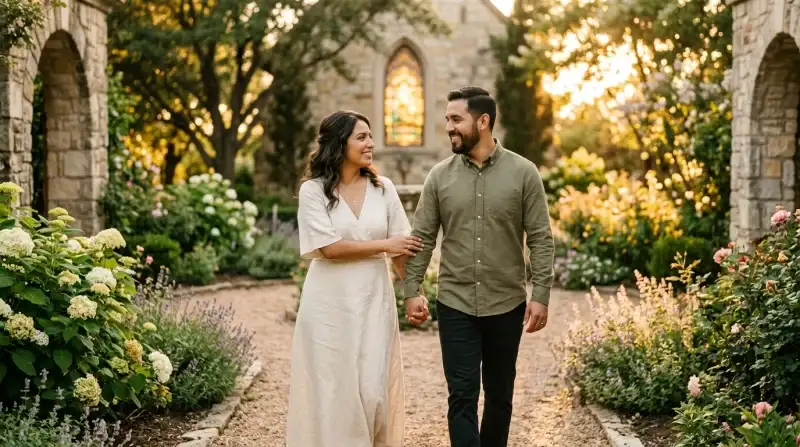 Pareja cristiana caminando unida en pacto matrimonial y devoción