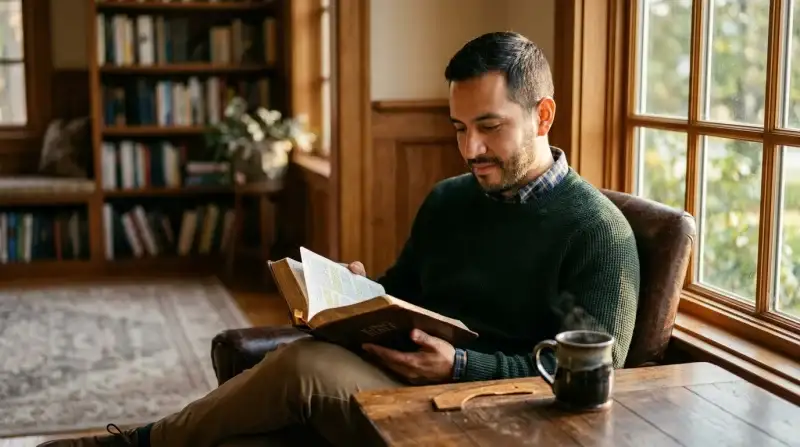 Hombre cristiano leyendo las Escrituras con devoción matutina en el hogar