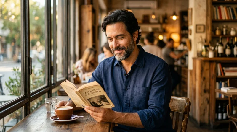 Hombre maduro latino leyendo un libro en un café con luz dorada cálida