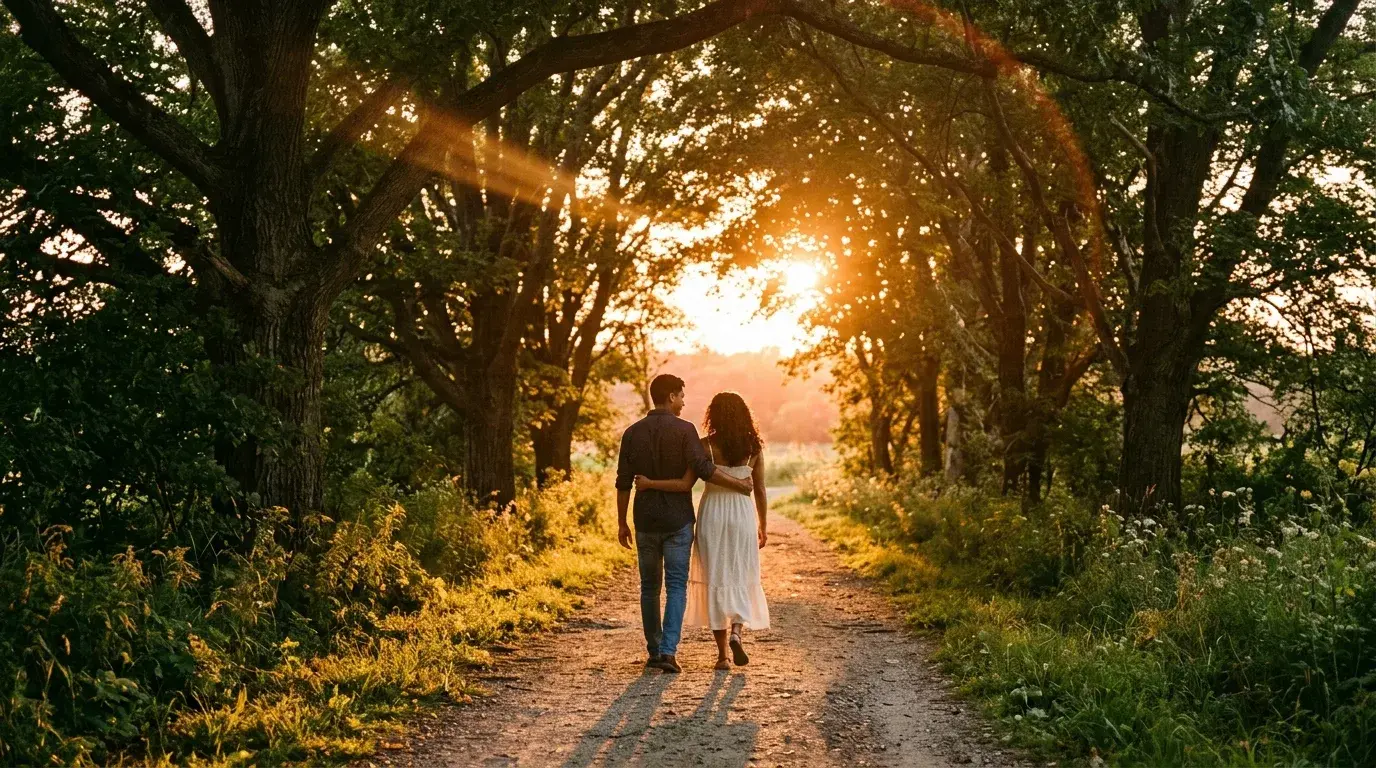 Pareja cristiana caminando juntos al atardecer hacia un futuro en paz
