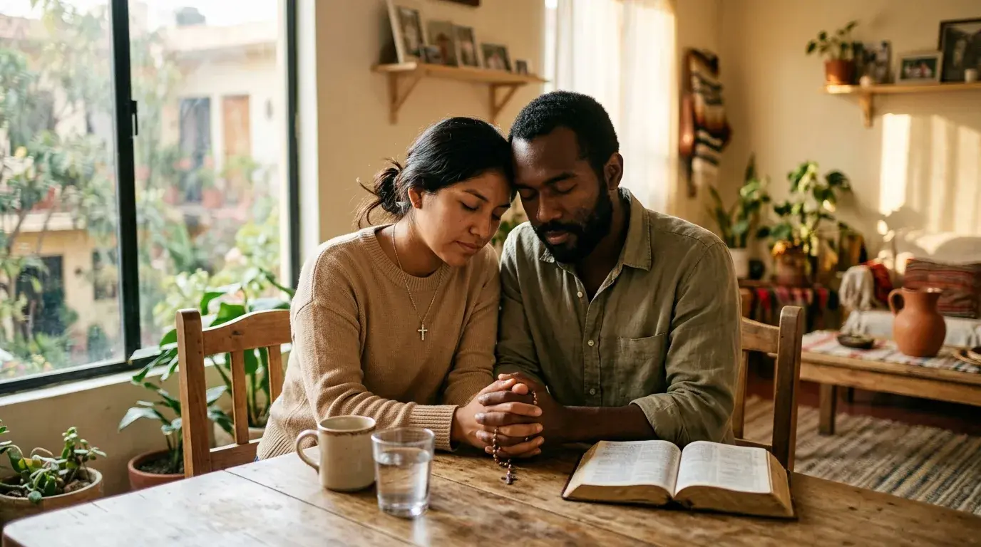 Pareja cristiana orando juntos en el hogar con devoción y paz